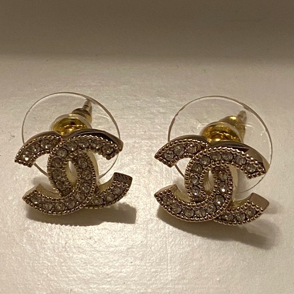 Chanel Gold Metal and Silver Crystal Mini Tiny Classic Stud Earrings - Picture 2 of 10